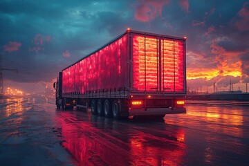 Obraz premium A semi-trailer truck with red lights on the back driving on a wet road at sunset.