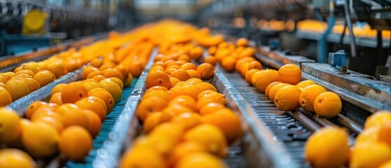 Oranges being processed on conveyor belts in a factory