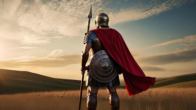  Roman Soldier in Armor Standing in Open Fields at Sunset