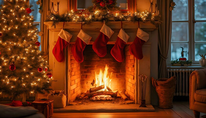 A cozy fireplace adorned with stockings hung on the mantel, radiating warmth and holiday cheer, perfect for a festive winter gathering.