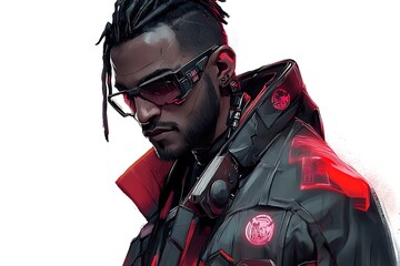 Obraz premium Cyberpunk Man with Dreadlocks, Sunglasses, and Red Neon Lights. Futuristic Male Character Illustration.
