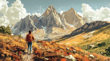 Naklejka premium Hiker Admiring Majestic Mountain Peaks