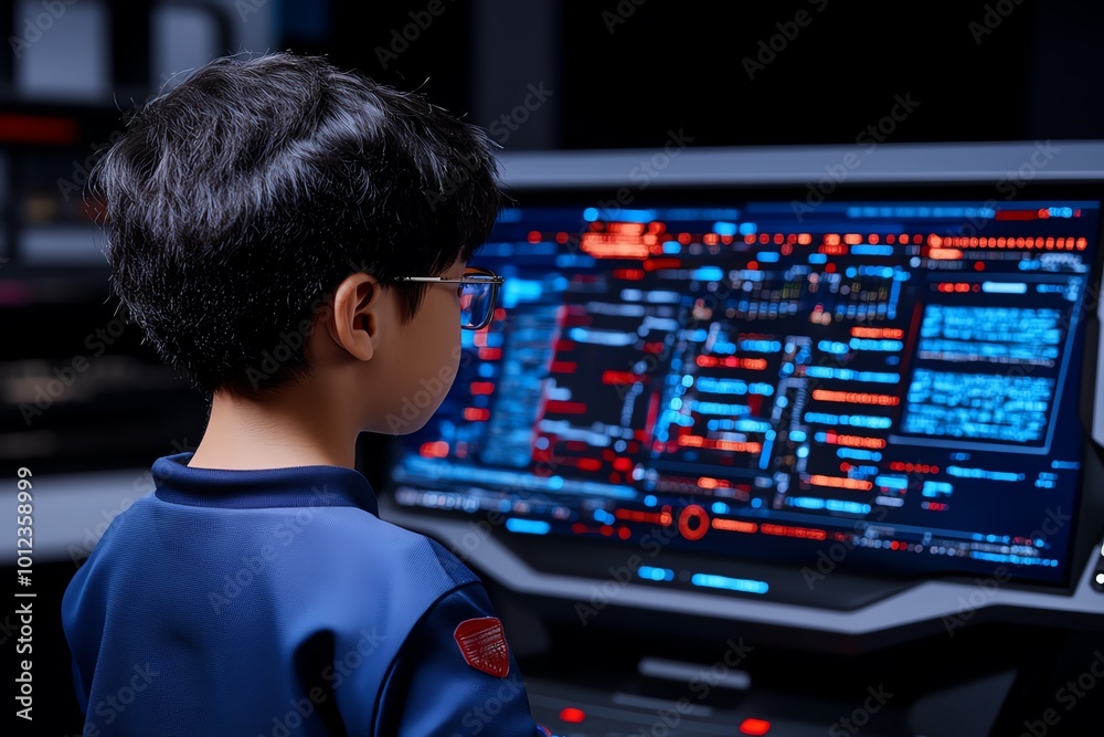 Aufkleber A person standing in front of a high-tech computer with data streams overwhelming the screen, symbolizing the challenge of managing information overload in a digital future