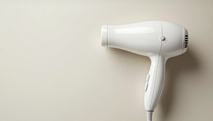 Fototapeta premium A sleek white hairdryer with a glossy finish against a neutral background. The design is modern and minimalist, perfect for a contemporary bathroom.