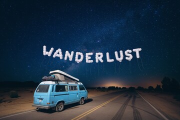 Wanderlust spelled in clouds above vintage camper van under starry night sky
