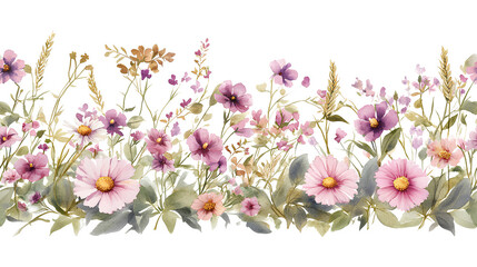 Fototapeta premium Seamless Watercolor Floral Border with Pink Daisies and Wildflowers, Botanical Illustration