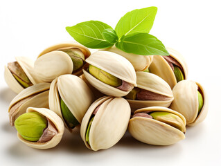 Fresh pistachio kernels and leaves