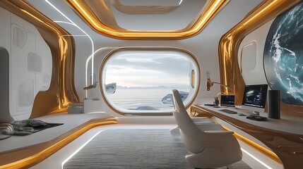 Fototapeta premium Futuristic bedroom interior design with large window overlooking Earth, featuring sleek white and gold decor, perfect for sci fi and modern design inspiration
