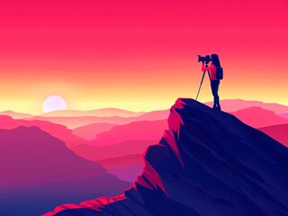 Fototapeta premium AI-Generated image of A woman is taking a picture of a sunset from a mountain top. The sky is pink and the sun is setting
