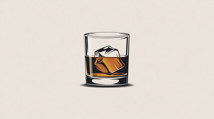 A minimalist glass of whiskey with ice cubes visible inside. Logo, vector and minimalistic drawing