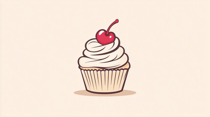 A simple cupcake with a swirl of frosting and a cherry. Logo, vector and minimalistic drawing