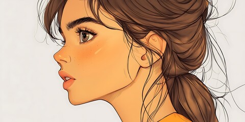 Naklejka premium Anime girl portrait illustration, woman with brown hair, cute manga character art