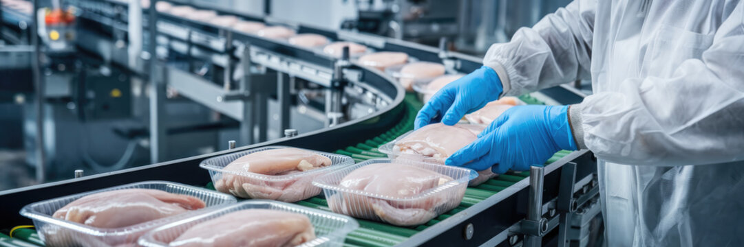 A worker is handling chicken in a factory. The chicken is in plastic trays. The worker is wearing gloves