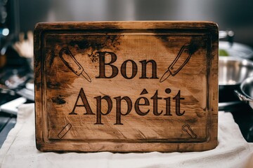 Rustic wooden cutting board with 'Bon Appétit' engraving in French kitchen