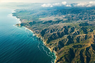 Fototapeta premium Aerial view of rugged coastline with turquoise waters and green mountains
