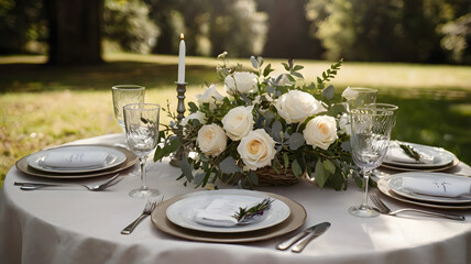 Fototapeta premium Countryside Wedding Table: Silverware, Flowers, White Plates generative ai
