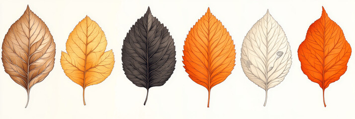 Fototapeta premium Six autumn leaves in various shades of brown, orange, and yellow.