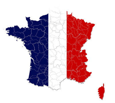 creative map of France, french flag color style design, blue white red, silhouette map symbol icon, isolated