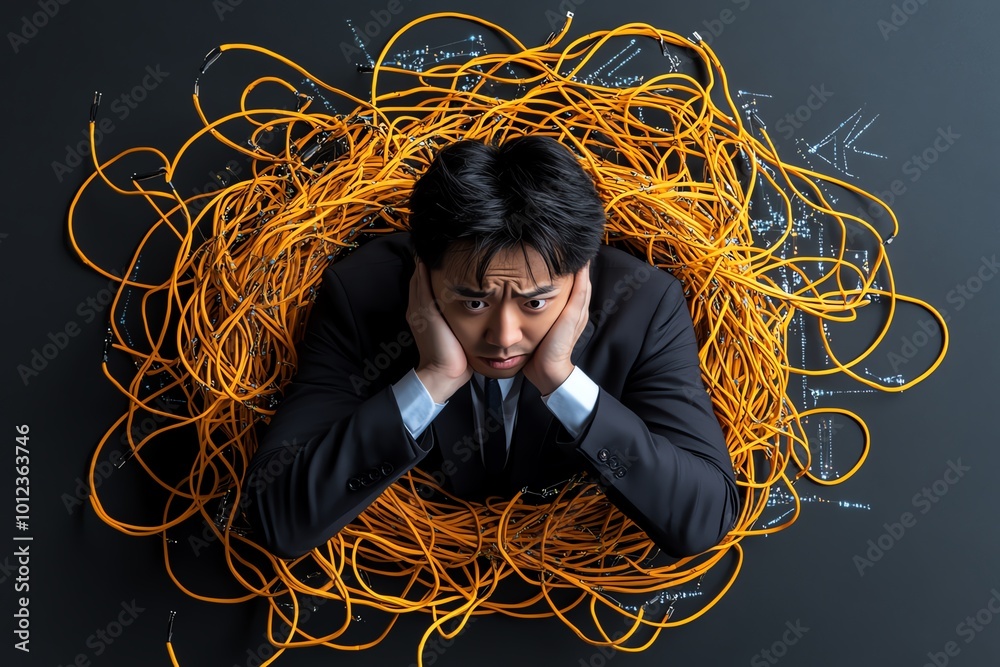 Aufkleber A person trapped in a tangled web of wires and data streams, symbolizing the challenge of managing overwhelming amounts of information in a digital future