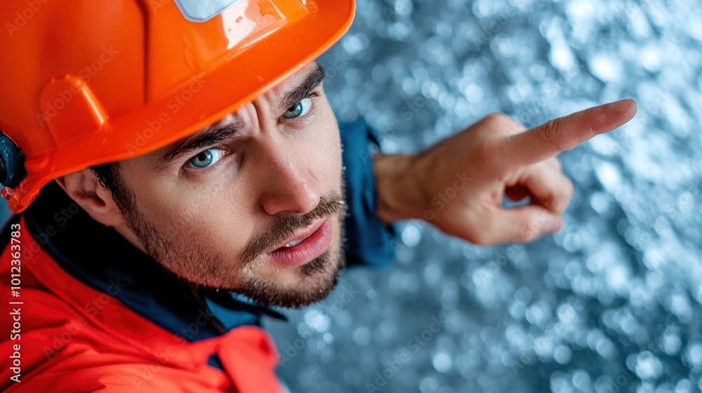 Poster A man in an orange hard hat pointing at something, AI