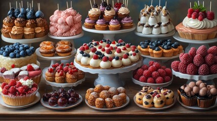 A lavish display of assorted desserts and pastries on elegant stands.