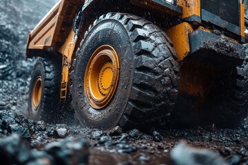 Close-up of a large yellow mining truck tire covered in mud and rocks on a dirt road.