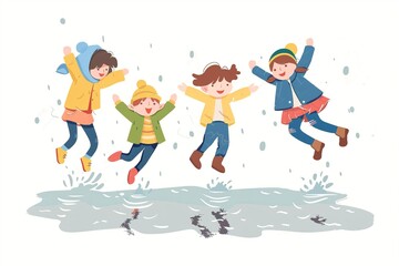Fototapeta premium Cheerful children jumping in puddles on a rainy day