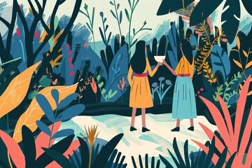Colorful illustration of two figures exploring lush tropical forest