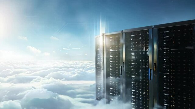 Shot of data center on the blue sky with cloud, cloud storage data technology, cloud computing, data base