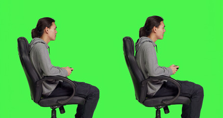 Player having fun with rpg competition over greenscreen in studio, playing videogames online with...