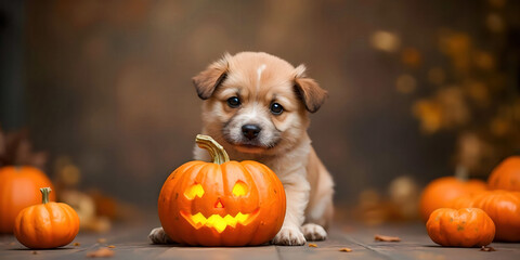 A cute Halloween dog posing with a pumpkin, featuring playful expressions and festive decorations, perfect for capturing the spirit of the holiday.
