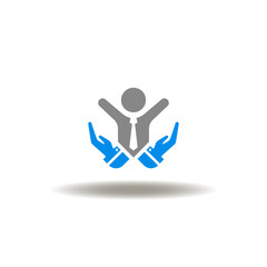 Vector illustration of hands care palm with business person. Symbol of EAP Employee Assistance Program. Icon of entrepreneurship care.