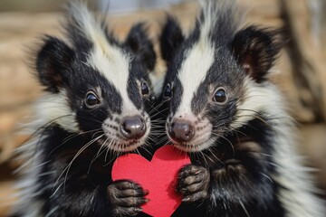 Two adorable skunk kits holding red heart shape together