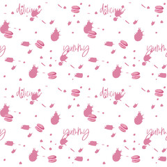 Seamless pattern of pink macaroons in pink splashes with text delicious, yummy on white background. Perfect for birthday card designs