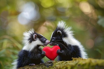 Two adorable skunks holding red heart in forest