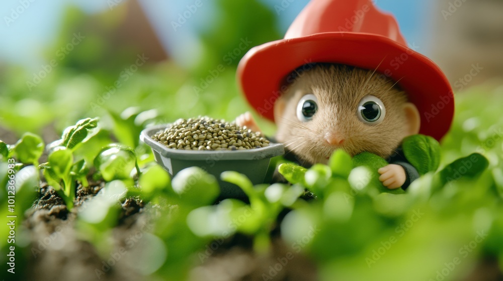 Canvas Prints A small mouse wearing a red hat and holding some seeds, AI