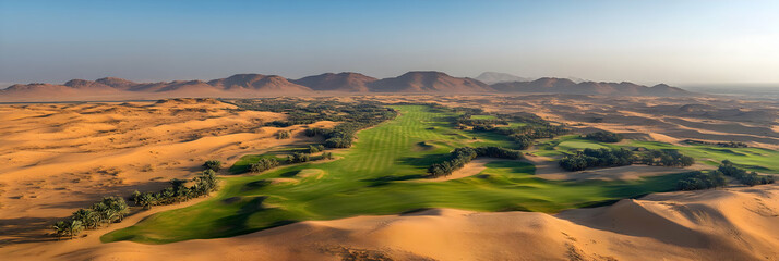 Aerial Photo - Desert Golf Course Oasis Surrounded by Sand Dunes and Mountains