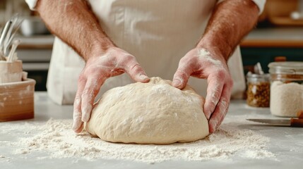 Obraz premium A man kneading dough on a table with flour and other ingredients, AI