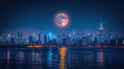 Fototapeta premium Night Cityscape with Full Moon and Stars