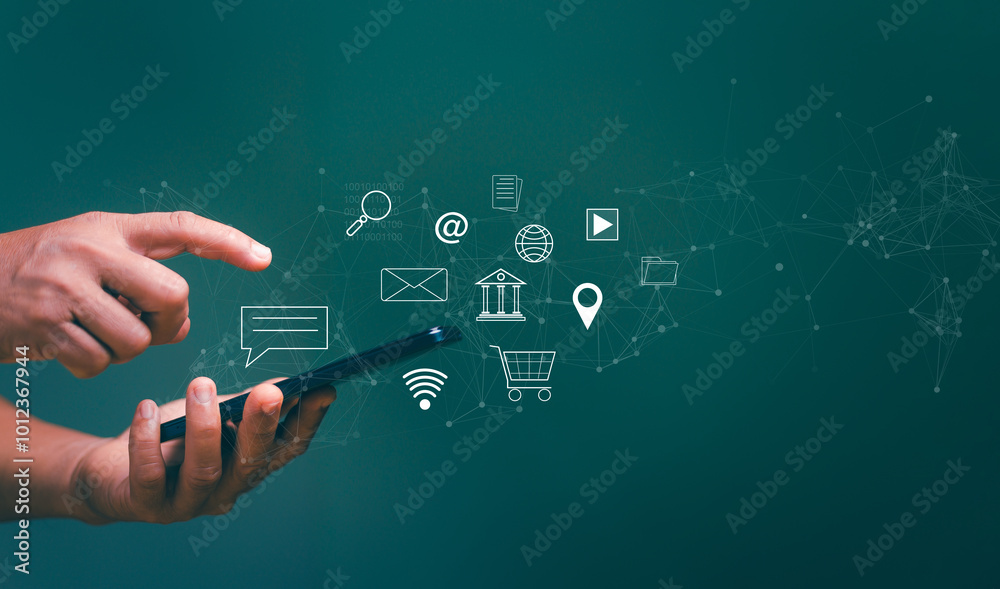 Poster Digital link tech, Business internet network connection application technology, Businessman using internet network for connect many applications on smartphone, big data, Internet of Things.