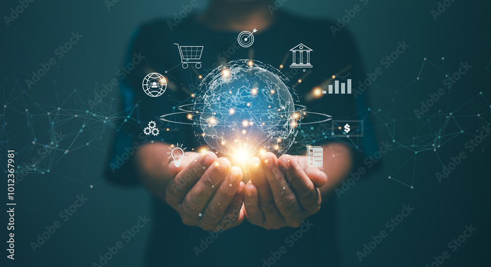 Poster Business global data internet connection technology and digital marketing, Businessman holding virtual global with computer network application icon, Digital link tech, big data, Internet of Things.