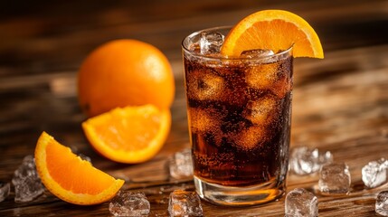 A glass of cola with ice and an orange slice on a wooden table, with whole oranges and ice cubes in the background.