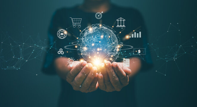 Business global data internet connection technology and digital marketing, Businessman holding virtual global with computer network application icon, Digital link tech, big data, Internet of Things.
