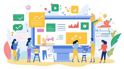 A creative team working on a marketing campaign, surrounded by colorful design materials