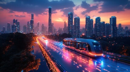 Obraz premium Futuristic electric train travels through a modern city at dusk.