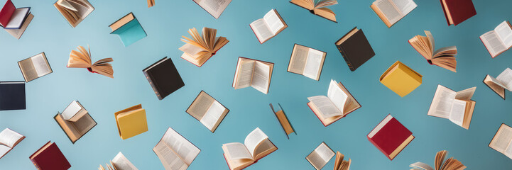 A blue background with many books flying in the air. Some of the books are open and some are closed