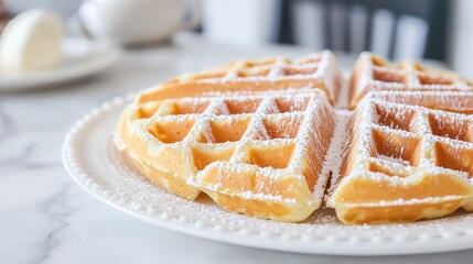 A close-up of a freshly made waffle, perfectly sliced into triangular pieces and dusted with powdered sugar. This delightful waffle rests on a white, textured plate, beautifully contrasting 