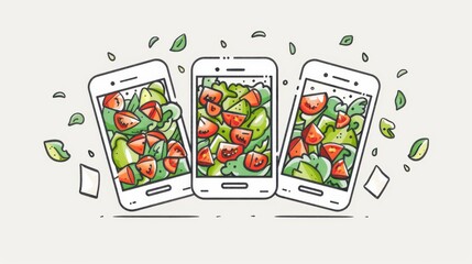 Colorful illustrations of fresh salads on mobile screens