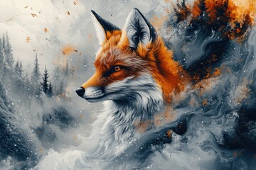 Naklejka premium A red fox with a snowy, foggy background.