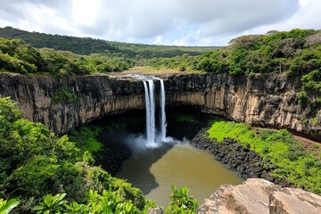 Fototapeta premium A series of waterfalls cascading down the cliffs of the Great Rift Valley, surrounded by lush vegetation and creating a stunning natural scene